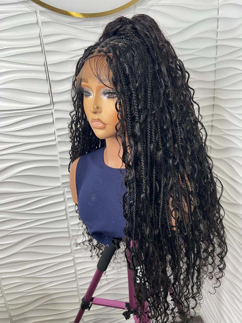 32-34 Inch Boho Braided Human Hair Curls Full Lace Wig