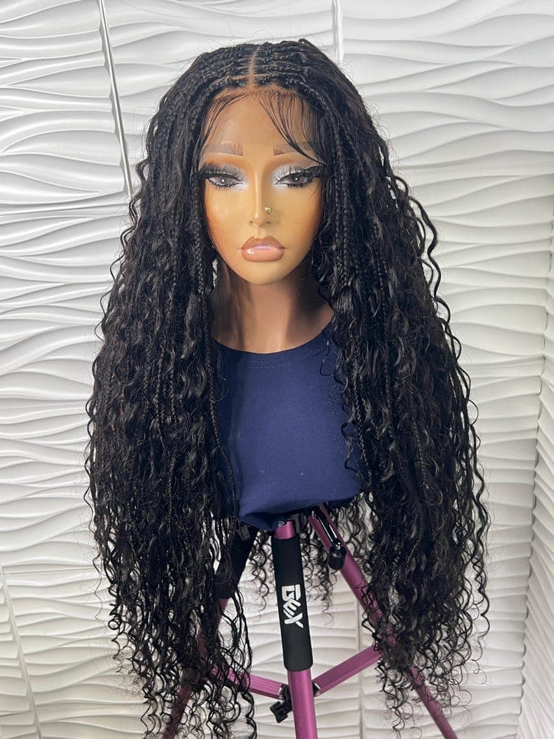 32-34 Inch Boho Braided Human Hair Curls Full Lace Wig