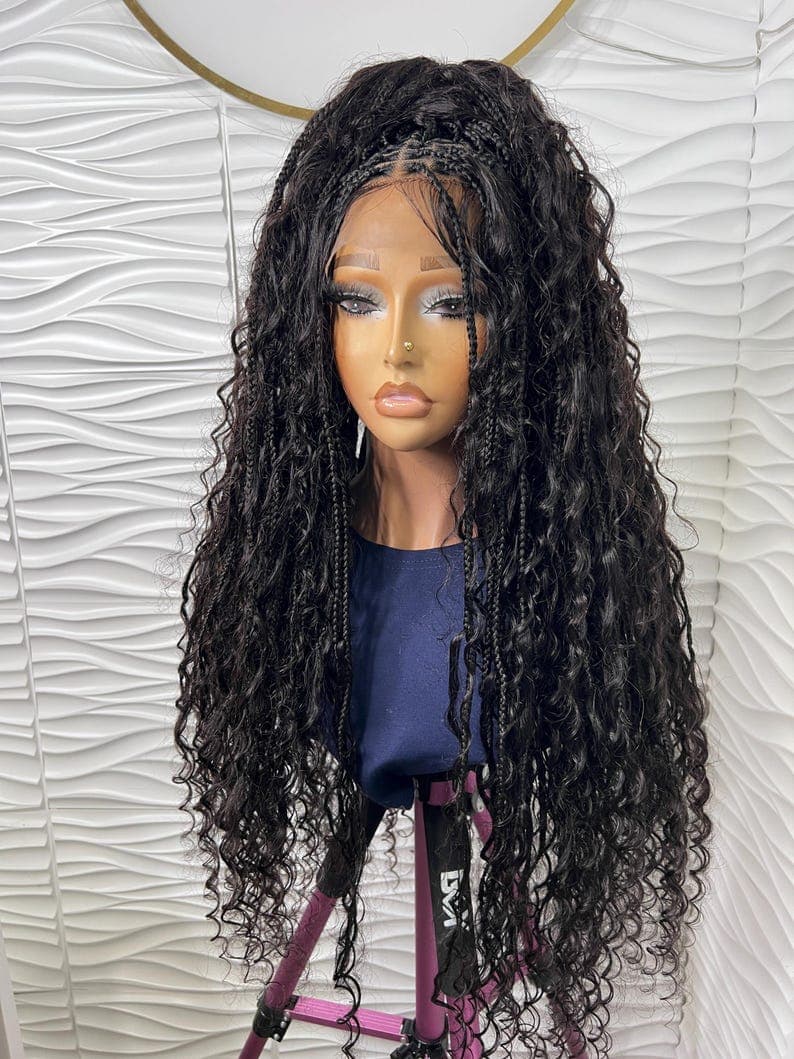 32-34 Inch Boho Braided Human Hair Curls Full Lace Wig