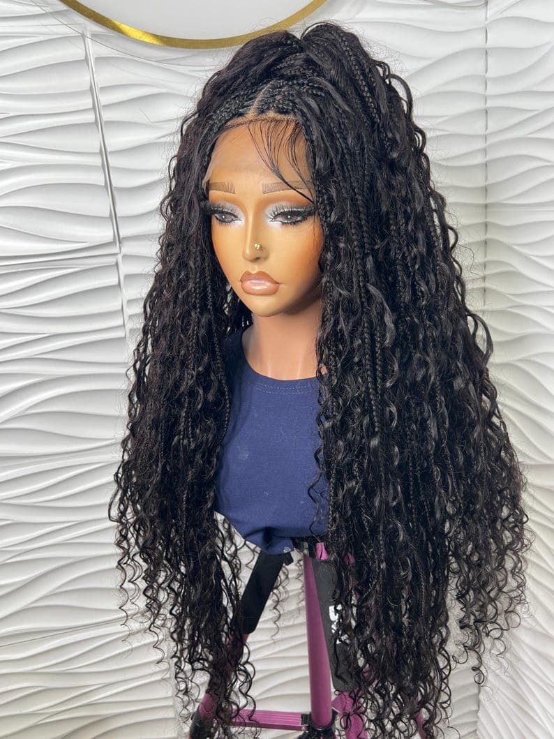 32-34 Inch Boho Braided Human Hair Curls Full Lace Wig