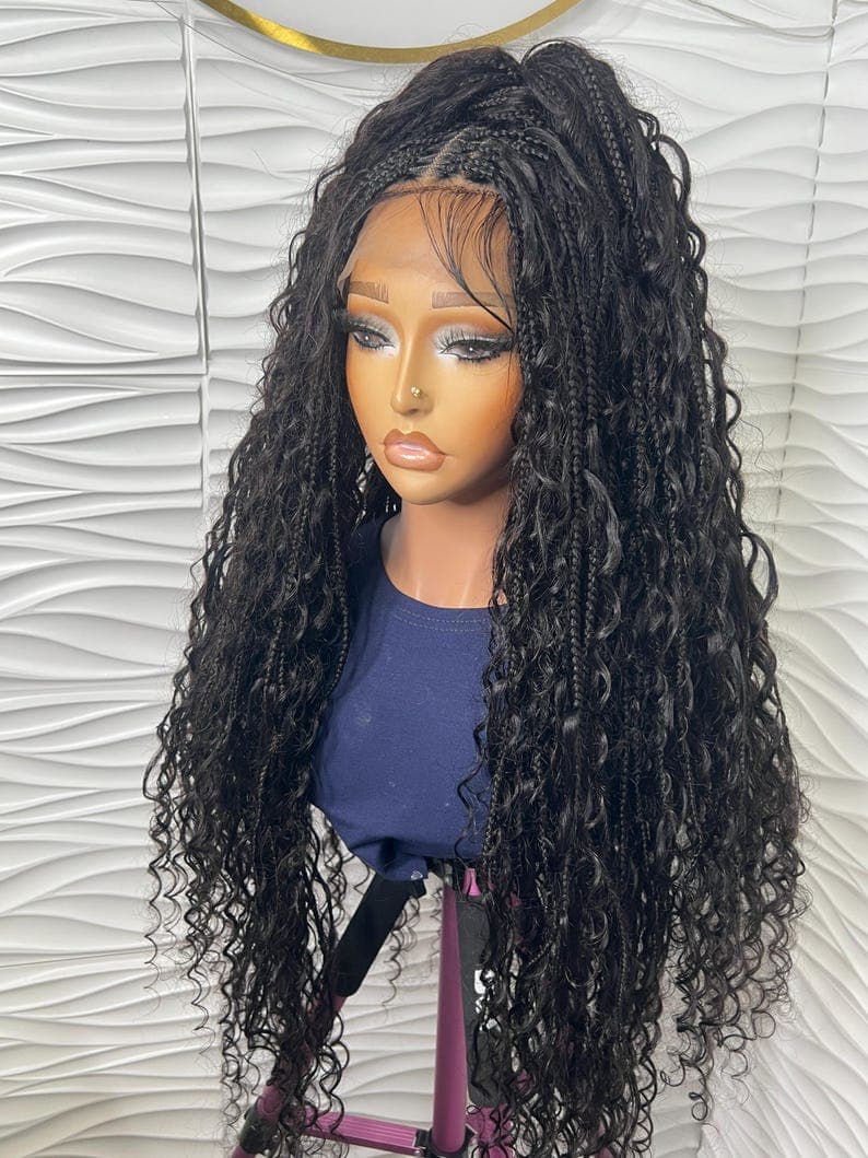 32-34 Inch Boho Braided Human Hair Curls Full Lace Wig
