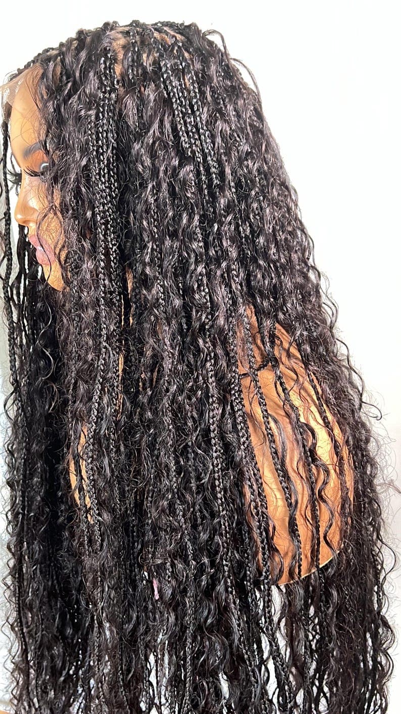 32-34 Inch Boho Braided Human Hair Curls Full Lace Wig