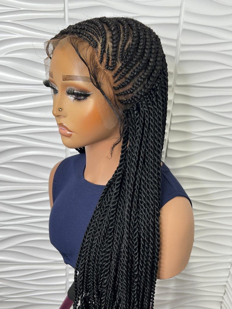 Handmade Cornrows Senegalese Twist Braided Wig: Black Curly Tips, 26-28 Inches