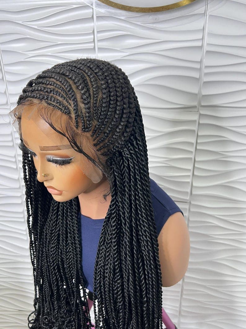 Handmade Cornrows Senegalese Twist Braided Wig: Black Curly Tips, 26-28 Inches