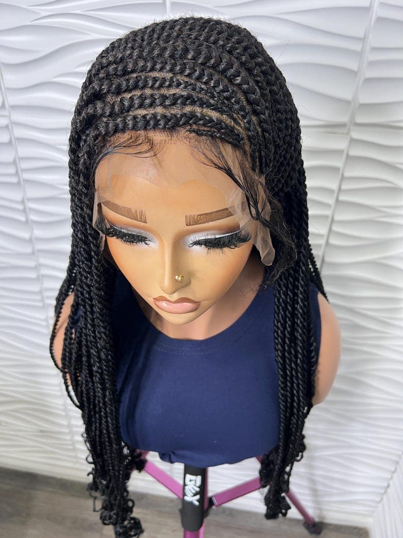 Handmade Cornrows Senegalese Twist Braided Wig: Black Curly Tips, 26-28 Inches
