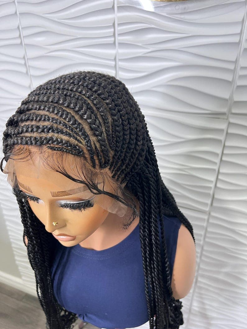 Handmade Cornrows Senegalese Twist Braided Wig: Black Curly Tips, 26-28 Inches