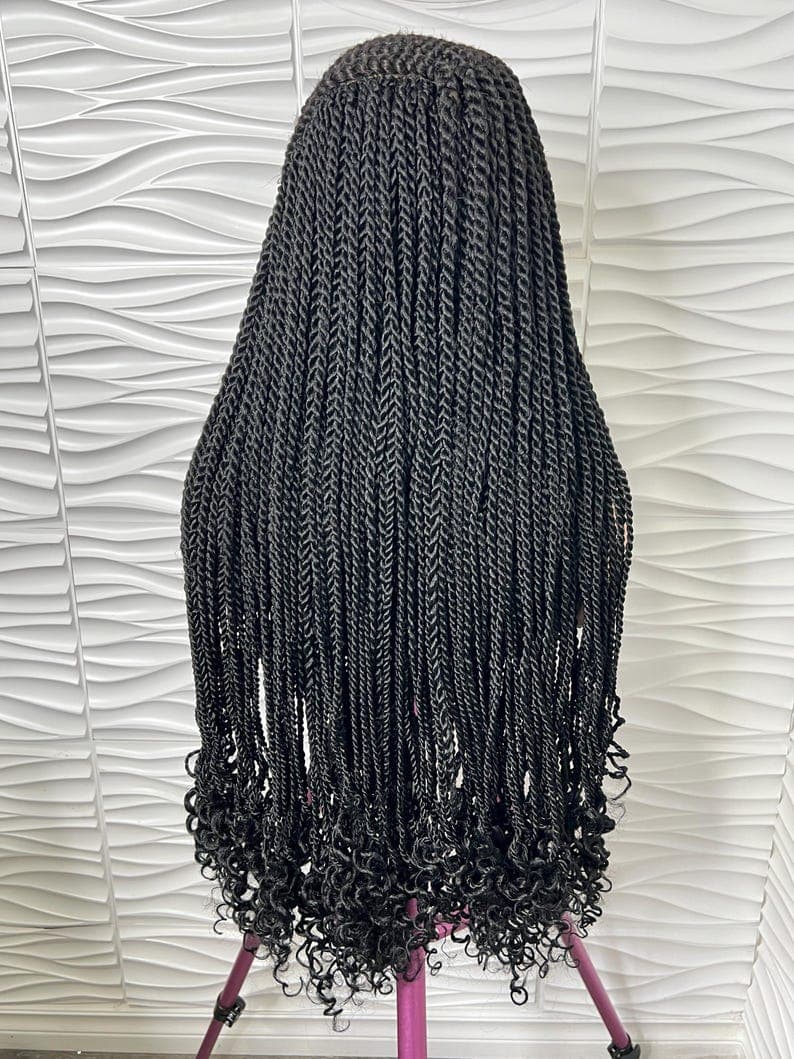 Handmade Cornrows Senegalese Twist Braided Wig: Black Curly Tips, 26-28 Inches