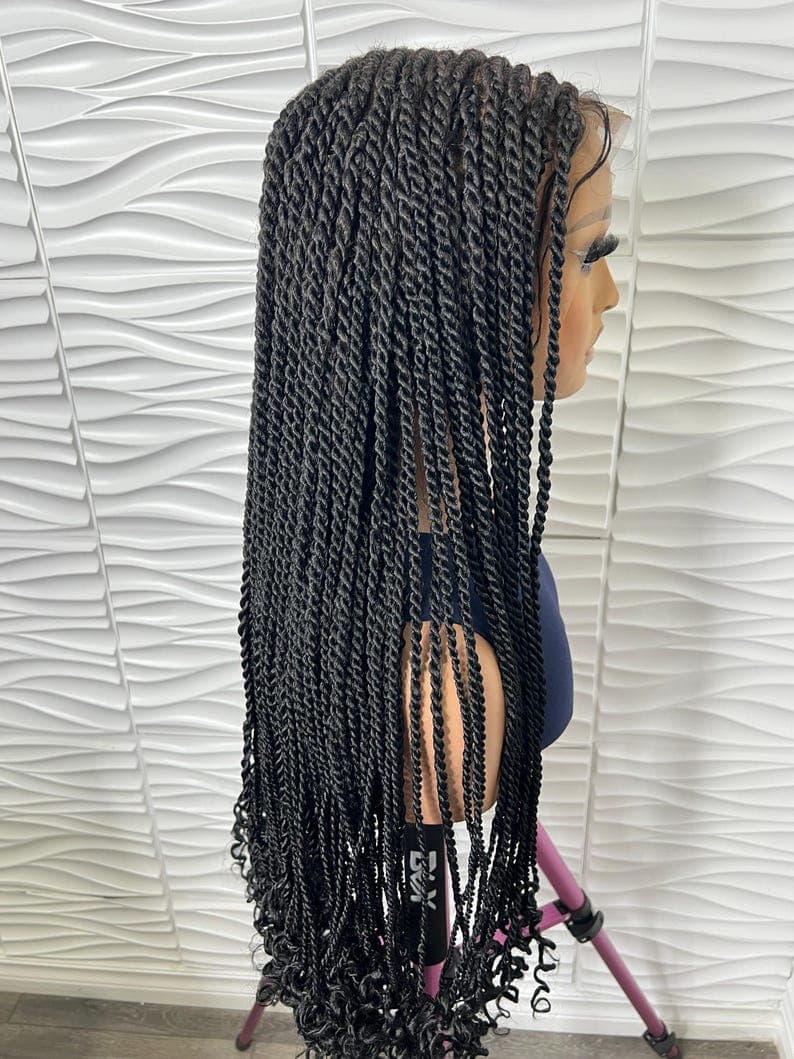 Handmade Cornrows Senegalese Twist Braided Wig: Black Curly Tips, 26-28 Inches