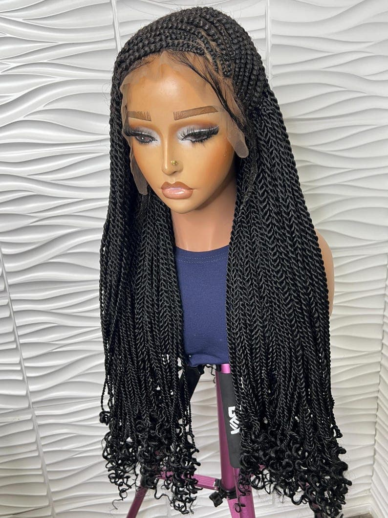 Handmade Cornrows Senegalese Twist Braided Wig: Black Curly Tips, 26-28 Inches