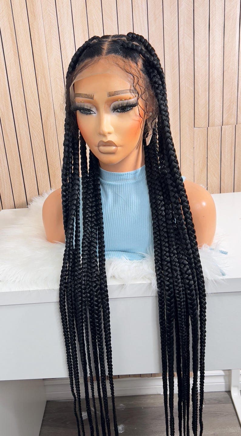 Large Knotless Braids Wigs for black women, 35” Full Lace Wig.