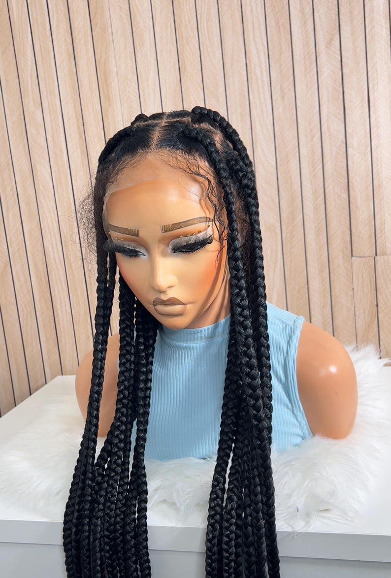 Large Knotless Braids Wigs for black women, 35” Full Lace Wig.