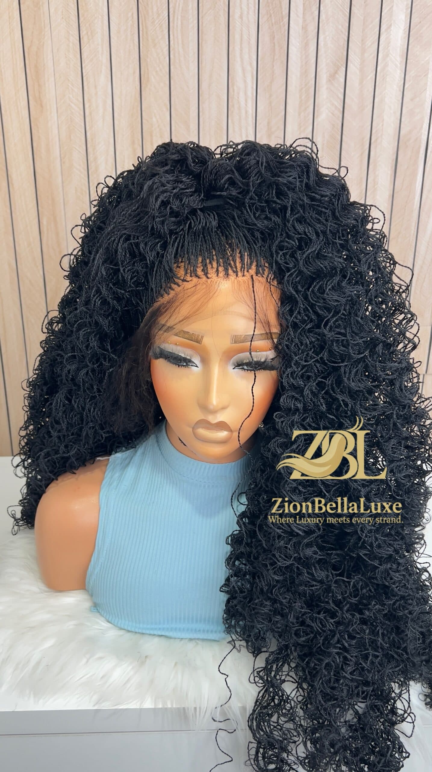 Black Curly Micro Twist Braided Wig, Full Lace, 30 Inches