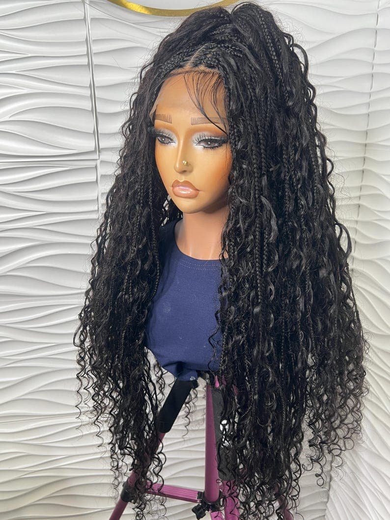 32-34 Inch Boho Braided Human Hair Curls Full Lace Wig