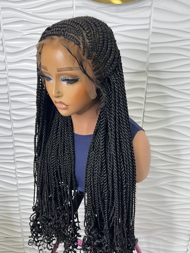 Handmade Cornrows Senegalese Twist Braided Wig: Black Curly Tips, 26-28 Inches